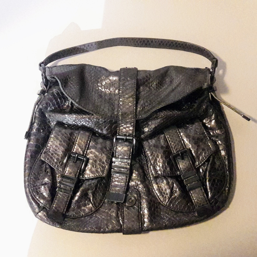 MK Pewter Metallic Darrington Snake Embossed Leather Bag